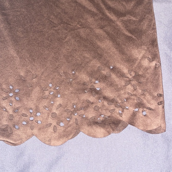 C brand Solid Brown Suede-Like Stretchy Short-Sleeved Dress with Flowery Trim - Picture 8 of 16